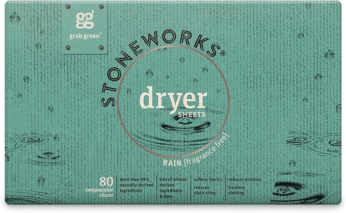 Grab Green Stoneworks Laundry Detergent Pods and Dryer Sheet Bundle, 50 Count Pods and 80 Dryer Sheets, Fragrance Free Rain Scent, Plant and Mineral Based Laundry Care Set