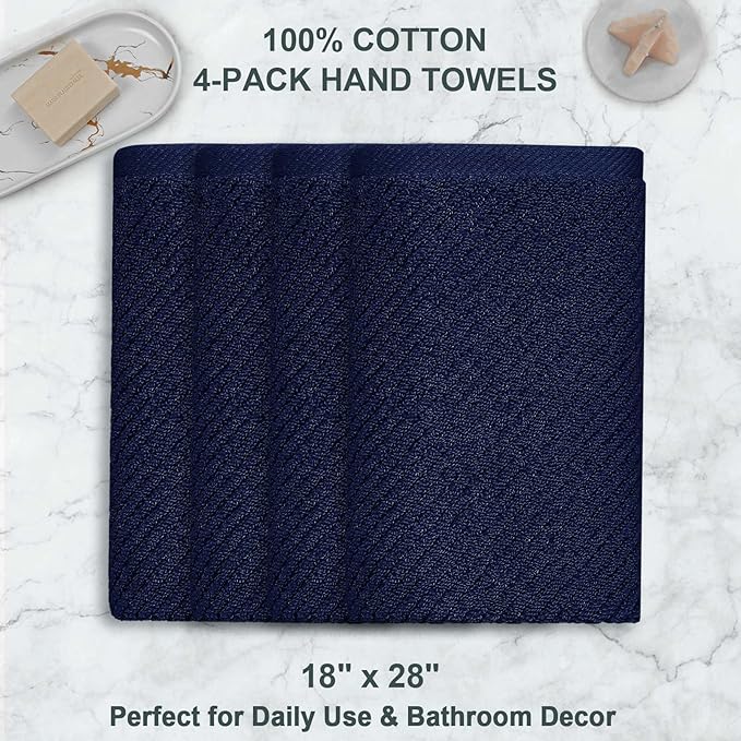 VOOVA & MOVAS Bathroom Hand Towels Set of 4, 18"x 28" - 100% Cotton | Lightweight | Thick | Quick Dry | Soft | Absorbent, Blue Hand Towels for Bathroom, Towel Gift Set, Navy Blue