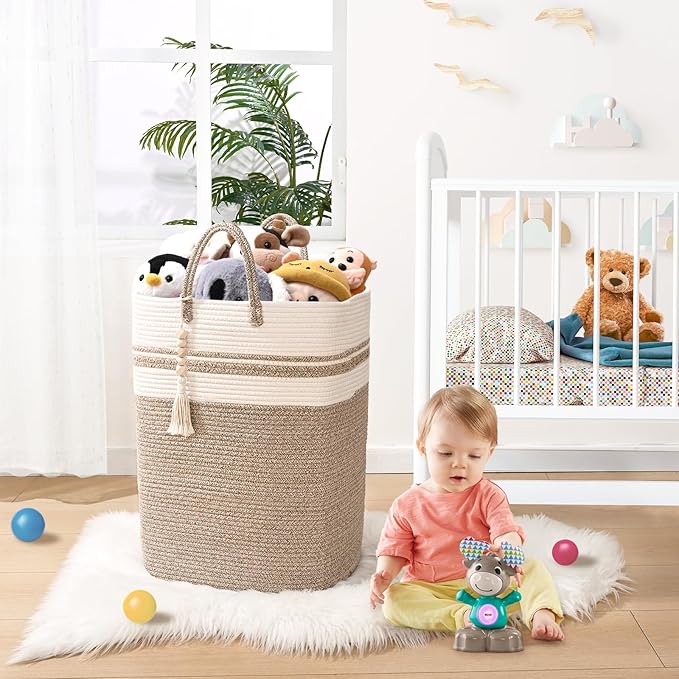 Woven Laundry Basket for Clothes, 80 L Large Rectangle Laundry Hampers with Beads Tassel, Nursery Storage Basket for Toys, Tall Dirty Clothes Hamper for Bedroom Aesthetic, Laundry Room Organization