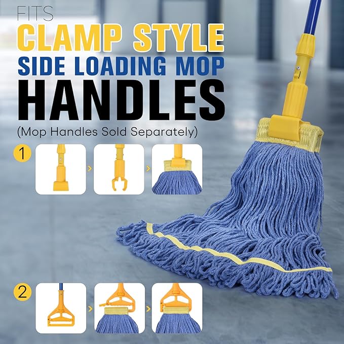 Matthew Cleaning Commercial Mop Head Replacement, 5 Inch Wide Headband, Looped End Cotton Blend String Wet Mops for Floor Cleaning, 24 oz Large, 3-Pack Blue