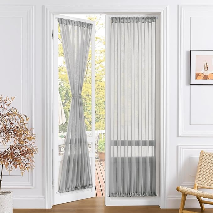 Tollpiz Sheer Door Curtain Closet Linen Textured Curtains Sheer Doorway Light Filtering Voile Patio Glass Door Rod Pocket Curtain French Door, 54 x 72 inches Long, Silver Grey, Set of 1 Panel