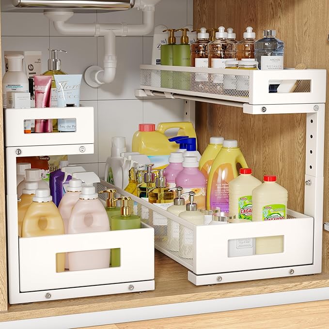 2 Pack 20.47IN Depth Under Sink Storage Organizer, Large 2-Tier Elegant Mesh Pull Out Shelf for Kitchen and Bathroom Cabinet Organization, L-Shaped and Adjustable Height Design-White