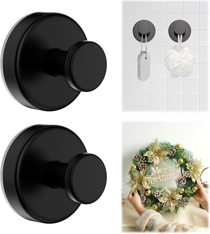 Suction Cup Hooks for Shower,Removable No Drill Towel Hooks,Upgraded 15 lbs Strong Suction hooks for Bathroom Tile,Shower Wall,Glass Door,Kitchen-Loofah,Coat,Stainless Waterproof-Matte Black 2 Pcs
