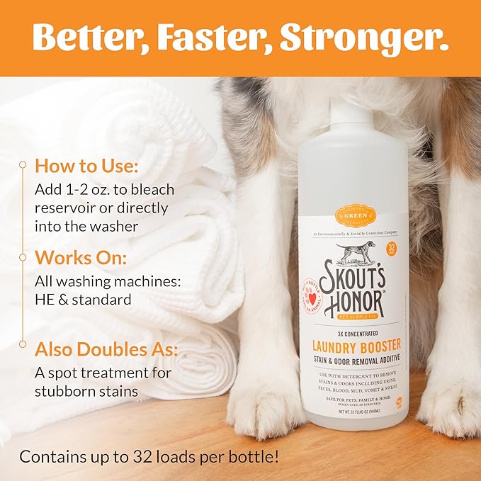 Skout's Honor Laundry Booster Stain & Odor Removal Additive - Plant-Powered Formula for Pet Bedding, Clothing, and Washable Pee Pads - Eco-Friendly & Cruelty-Free, 32 oz
