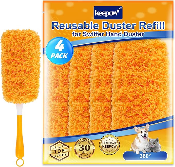 KEEPOW Reusable Microfiber Duster Refill Compatible with Swiffer Hand Duster, Heavy Duty Duster Refills, 360 Degree Dusters Refills for Cleaning, Ceiling Fan, 4 Pack (Handle is Not Included)