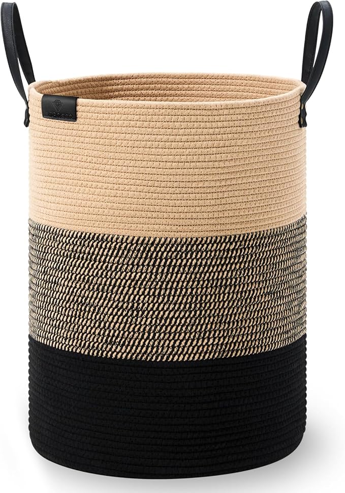 VIPOSCO Tall Laundry Basket, Large Dirty Clothes Hamper with Leather Handle, Woven Rope Storage Basket for Blanket, Toy In Living Room, Bathroom, Bedroom - 100L Brown & Black