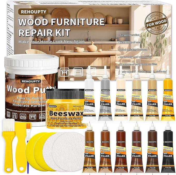 Wood Furniture Repair Kit, All-in-One Large Capacity Floor Repair Kit Include Wood Putty & 12 Colors Wood Touch Up Filler and Beeswax, Vinyl Floor Repair Kit for Scratch, Cracks, Stain, Holes
