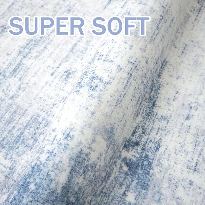 IOHOUZE Abstract Area Rugs 8x10 Ft Washable Large Rugs for Living Room, Non Slip Dining Room Rug, Printed Faux Wool Rugs for Bedroom, Floor Carpet for Office Nursery Playroom, Light Blue White