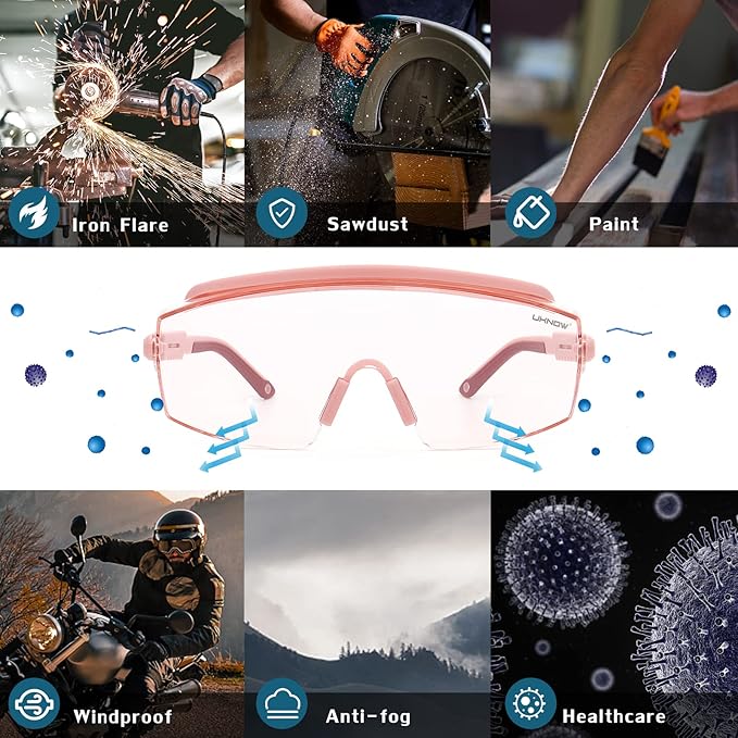 UKNOW Safety Goggles Over Glasses, Safety Glasses Anti Fog Wraparound Eye Protection, Protective Eyewear ANSI Z87.1