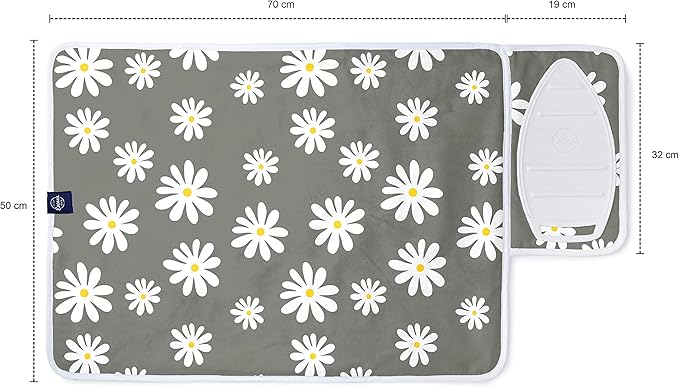 Encasa Homes Ironing Mat/Pad (Small 28"x20") with 3mm Padding & Silicone Iron Rest for Steam Pressing on Tabletop or Bed - Heat Resistant, Portable, Quilting & Travel Blanket - Daisy Grey