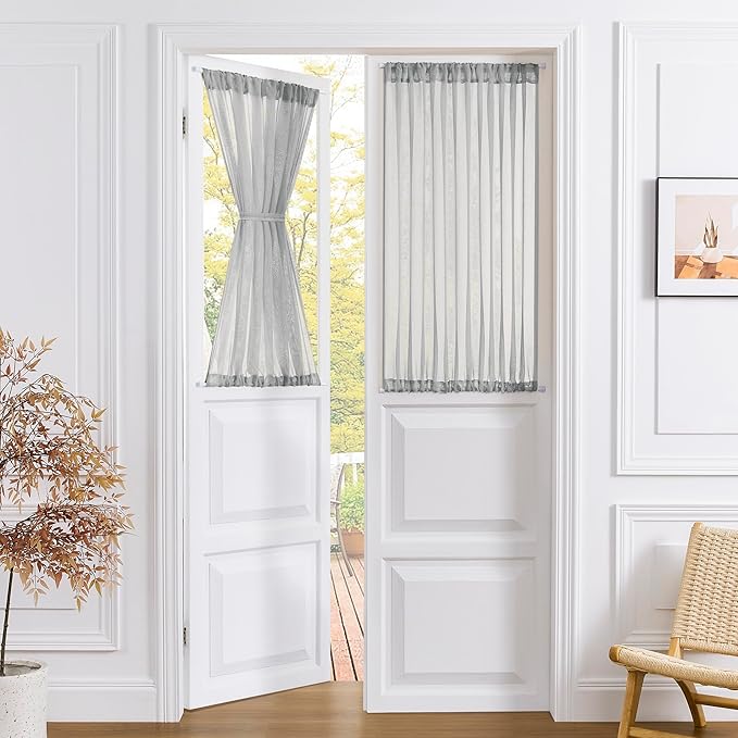 Tollpiz Small Sheer Door Curtain Closet Linen Textured Curtain Sheers Doorway Light Filtering Voile French Door Rod Pocket Curtains Patio Glass Door, 25 x 40 inches Long, Silver Grey, Set of 1 Panel