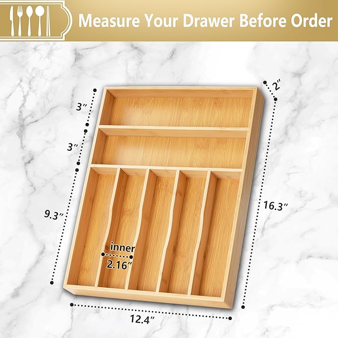 Silverware Organizer, 12.5 Inch Utensil Organizer Kitchen Drawer Organizer Bamboo Silverware Holder Cutlery Tray Organizer in Drawer Flatware Organizer Tray(7 slots, Natural）