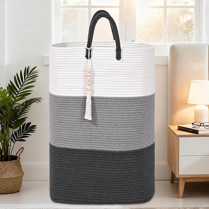 Woven Laundry Basket for Clothes,65 L Large Rectangle Laundry Hampers with Beads Tassel, Nursery Storage Basket for Toys, Tall Dirty Clothes Hamper for Bedroom Aesthetic, Laundry Room Organization
