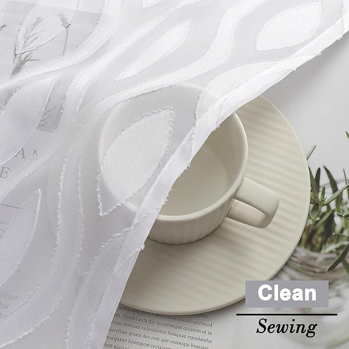 Aiyufeng White Sheer Curtains 45 Inch Length 2 Panels Set, Farmhouse Clip Jacquard Textured Short Curtains, Lightweight Chic Wavy Line Window Curtains Drapes for Bedroom, 40" Wx45 L Inches