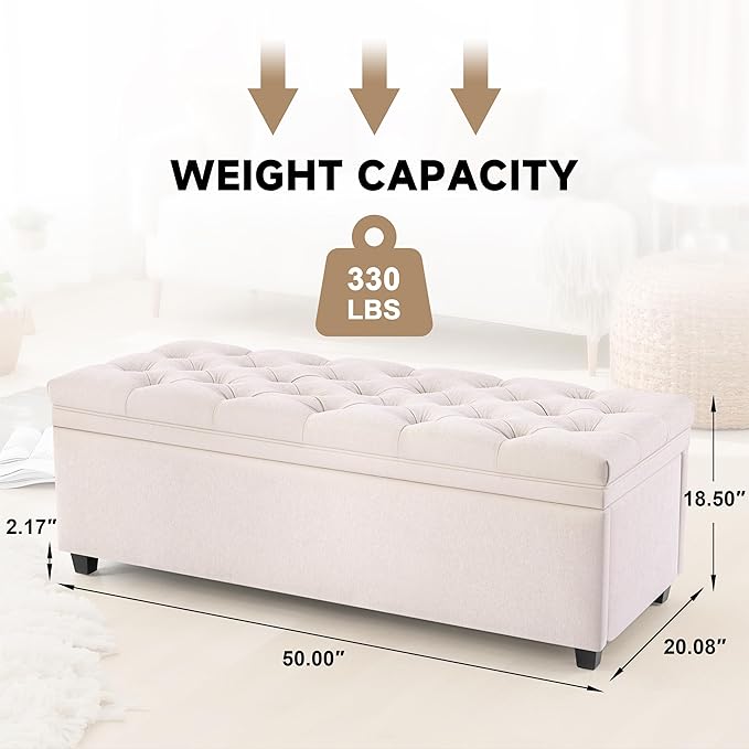 50" Storage Ottoman Bench, Tufted Ottoman with Storage for Living Room, Large End of Bed Ottomans, Modern Entryway Benchs, Window & Bedroom Benches for Foot of Bed (Beige)