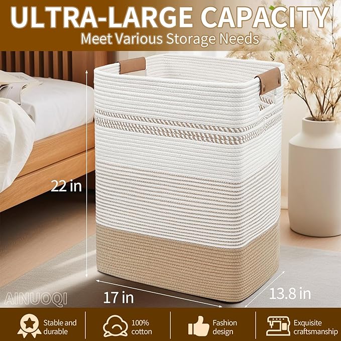 Laundry Hamper Large Laundry Basket with Leather Handles, Decorative Storage Cotton Rope Woven Basket for Blankets, Clothes Hamper for Living Room, Jute & White, 85L
