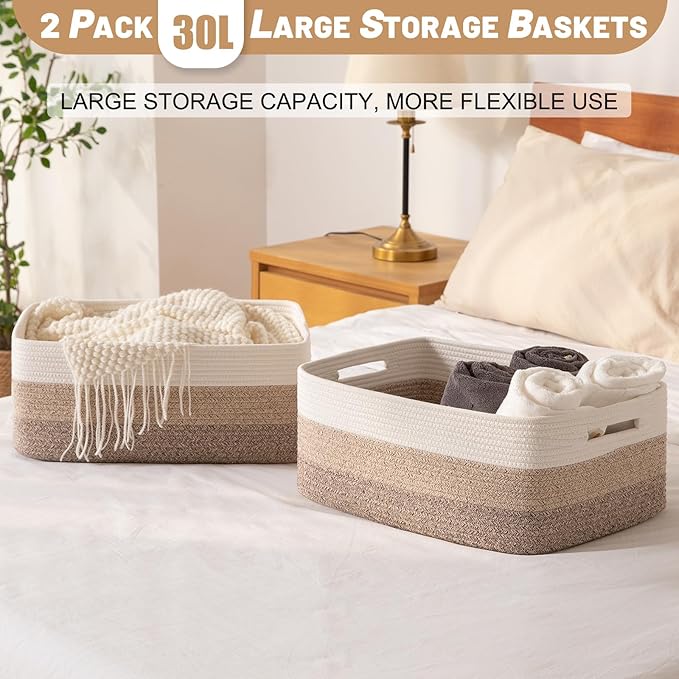 Large Storage Basket for Organizing, Woven Rope Basket for Shelves, Closet Organizer Bins for Clothes, Blanket, Toys, Baby Nursery Storage, 17.7" x 13" x 7.87", 2 Packs Gradient Yellow