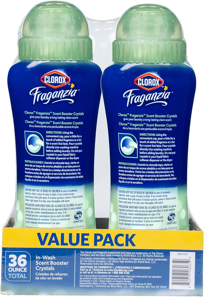 Clorox Fraganzia Laundry Scent Booster Crystals in Cedarwood & Sage Scent - Scented In-Wash Freshener Beads for Fresh, Clean, Great Smelling Clothes and Linens, 18 Oz - 2 Pack