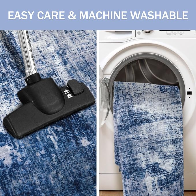 IOHOUZE Abstract Runner Rug 2x8 Ft Washable Runners for Hallways, Non Slip Kitchen Runner Printed Faux Wool Entryway Runner Indoor, Modern Abstract Floor Carpet for Hall Kitchen Bedroom, Navy/Grey