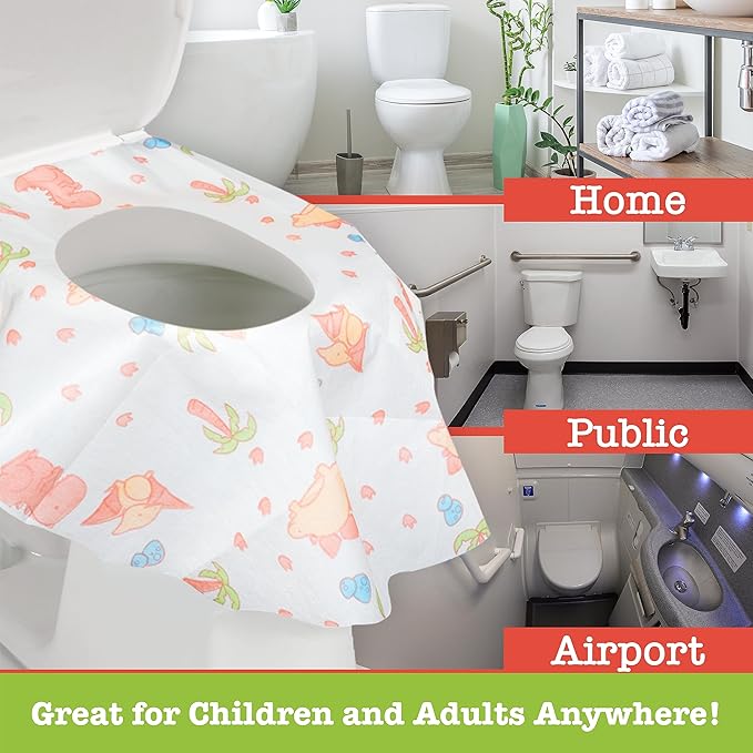 Toilet Seat Covers Disposable (12 pk, Dinosaurs) - XL Waterproof Toilet Cover for Toddlers, Kids & Adults - Portable & Individually Wrapped for Travel, Potty Training, Public Restrooms