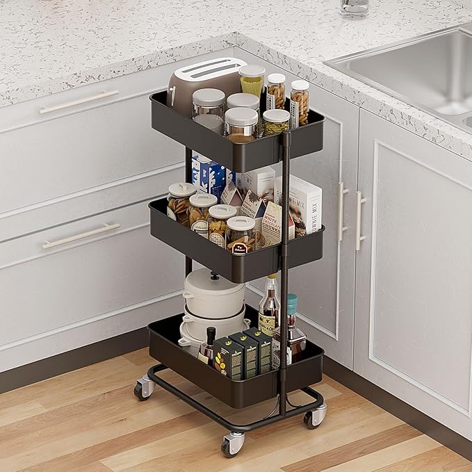 3 Tier Modern Metal Rolling Tool Cart with Silent Casters, 17.72×12.40×35.04 inch Heavy Duty Organization Truck Trolley Organizer for Office, Living Room, Kitchen, (Black)