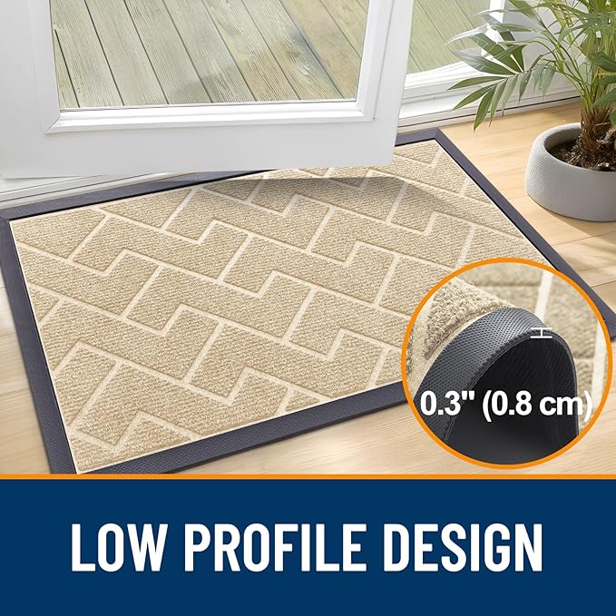 OLANLY Front Door Mat Indoor Outdoor Entrance, Waterproof All-Season, All-Weather Doormat, Sturdy Natural Rubber, Low Profile, Easy Clean Patio Porch Entryway Mat, Herringbone Brick (Beige, 59x23)