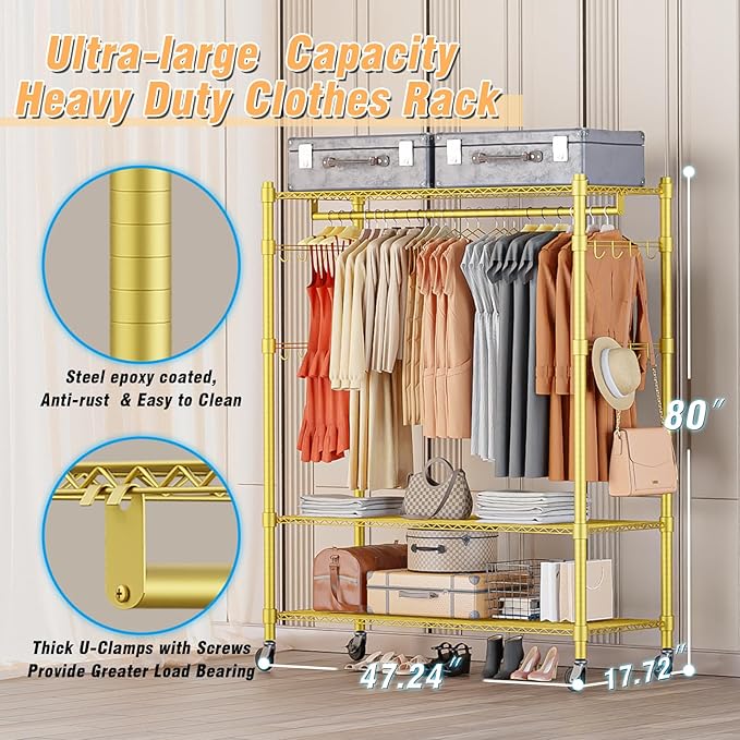 Homdox Gold Heavy Duty Clothes Rack with Wheels, 3-Tier Rolling Metal Garment Organizer with Double Hanging Rods & Hooks, Freestanding Portable Closet, 17.72" D x 47.24" W x 80.71" H