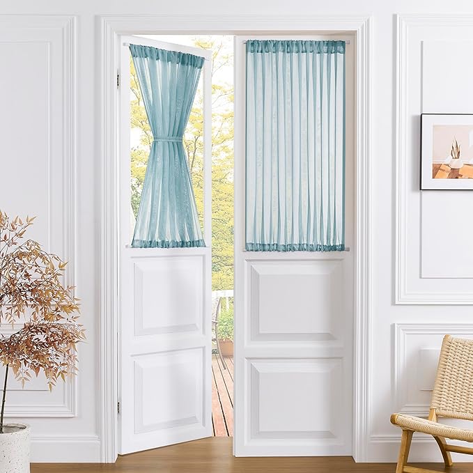 Tollpiz Sheer Door Curtains Closet Linen Textured Curtain Sheers Doorway Light Filtering Voile French Door Rod Pocket Curtains Patio Door, 54 x 63 inches Long, Dusty Blue, Set of 1 Panel