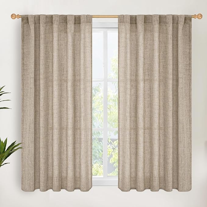 YoungsTex Dark Oatmeal Linen Curtains 45 Inch Length for Short Window, Tan Semi Sheer Drapes with Rod Pocket Back Tab Textured Light Filtering for Bathroom Bedroom, 2 Panels, 42 X 45 Inch