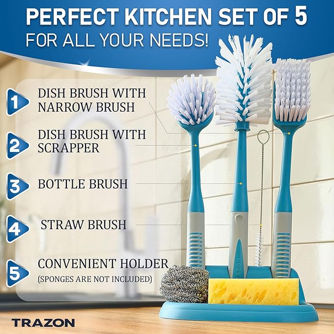 Dish Brush Set of 5 with Convenient Holder, Bottle Water Brush, Dish Scrub Brush, Scrubber Brush and Straw Brush - Kitchen Scrub Brushes Non Slip Long Handle for Sink Dishes Cup Pot