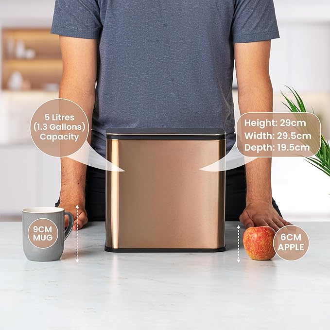 RedFactor Stainless Steel Hanging Trash Can with Lid and Inner Bucket – Slim 1.3 Gallon Odor-Free Compost Bin for Kitchen Cabinet, Countertop, Under Sink, or Bathroom (Copper)