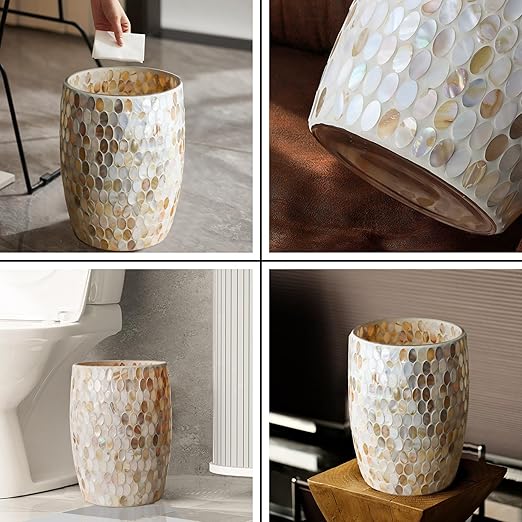 Escenzy Natural Shell Bathroom Trash Can Mosaic Glass 5L | Decorative Small Garbage Can | 7" x 10" | Luxury Waste Basket for Restroom, Office, Bedroom & Kitchen | Shiny Glass Bathroom Accessories