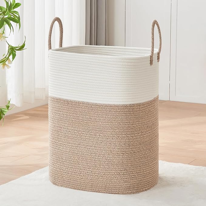 Laundry Basket with Handles - Blanket Basket & Hampers for Bedroom Aesthetic, Laundry Hamper & Blanket Storage for Living Room, Clothes Hamper, Tall, Large 17" x 14" x 26”, White & Rice Brown