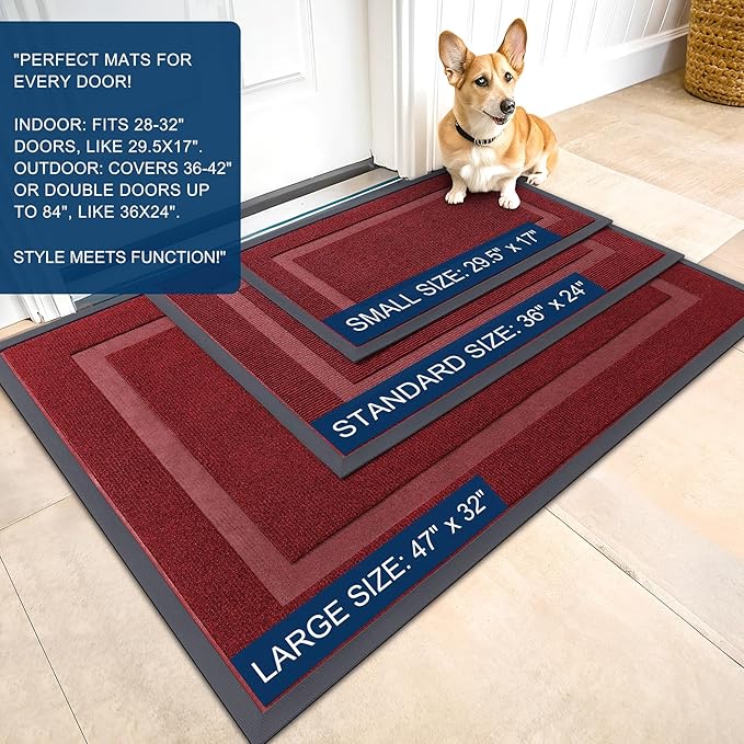 OLANLY Front Door Mat Indoor Outdoor Entrance, Waterproof All-Season, All-Weather Doormat, Sturdy Natural Rubber, Fade Resistant, Low Profile, Easy Clean Patio Porch Entryway Mat, 36x24, Wine Red