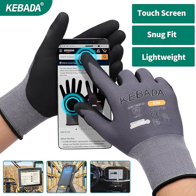 Kebada W2 Work Gloves for Men and Women, Nitrile Coated Working Gloves for Gardening, Construction, Warehouse, Safety Gloves for Work in Yard and Outdoors, 6 Pairs, Medium