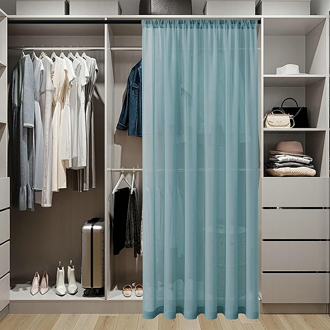 Tollpiz Sheer Door Curtains Closet Linen Textured Curtains Sheer Doorway Light Filtering Voile Rod French Door Pocket Curtain Patio Door, 25 x 72 inches Long, Dusty Blue, Set of 1 Panel
