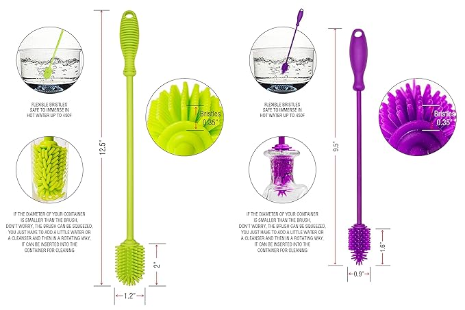 A-Brush Silicone Bottle Cleaner Brush, 2 Piece Set, Flexible, Long Handle - Water Bottle Cleaner, Baby Bottle Nipple Brush for Plastic & Glass, BPA-Free Dish Washing Brush A2S Protection