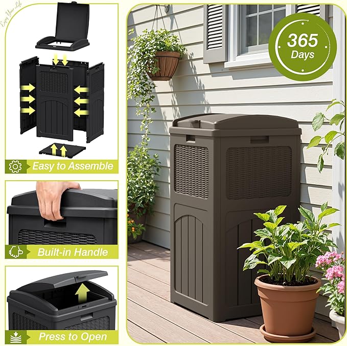 Greesum 33 Gallon Outdoor Trash Can with Lid, Waterproof Resin Garbage Bin for Hideaway, Deck, Patio, 4 Pack, Dark Brown
