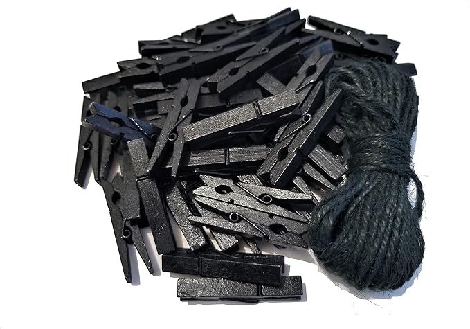 1.9 Inch Black Wooden Clothespins for Pictures Halloween DIY Art Crafts Clothesline Clips Laundry with Jute Twine Pack 50