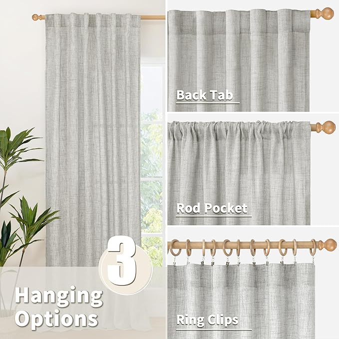 YoungsTex Light Grey Linen Curtains 63 Inches Length 2 Panels for Living Room - Textured Semi Sheer Drapes with Rod Pocket Back Tab Light Filtering for Bathroom Bedroom, 52 X 63 Inch