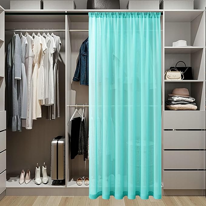 Tollpiz Sheer Door Curtain Closet Linen Textured Curtains Sheer Doorway Light Filtering Voile Patio Door Rod Pocket Curtain French Door, 54 x 72 inches Long, Aqua Blue, Set of 1 Panel