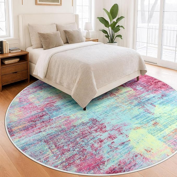 IOHOUZE Abstract Round Area Rug 8 Ft Washable Circle Rugs Large Round Rug Non Slip Thin Soft Circle Rugs, Printed Faux Wool Floor Carpet for Bedroom Living Room Dining Room Nursery, Pink Teal