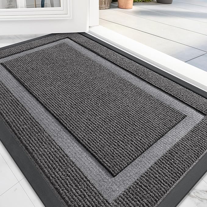 OLANLY Front Door Mat Indoor Outdoor Entrance, Waterproof All-Season, All-Weather Doormat, Sturdy Natural Rubber, Fade Resistant, Low Profile, Easy Clean Patio Porch Entryway Mat, 71x47, Dark Grey