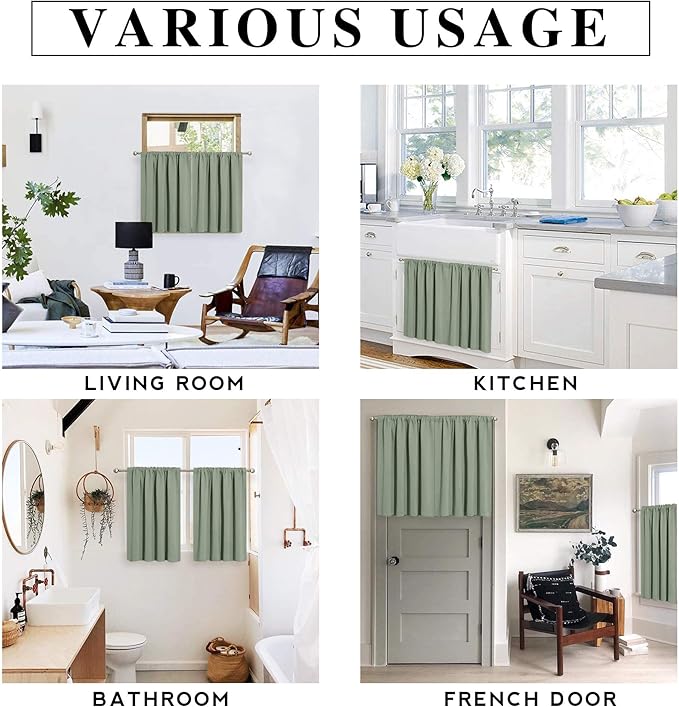RYB HOME Small Window Curtains with Rod Pocket Design, Blackout Privacy Curtains Drapes Energy Efficient Covering for Closet Pantry, W29 x L 36 inches, 2 Panels, Grayish Green