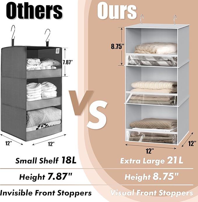 Simple Houseware 3 Shelf Hanging Closet Organizer with Front Stopper, Gray