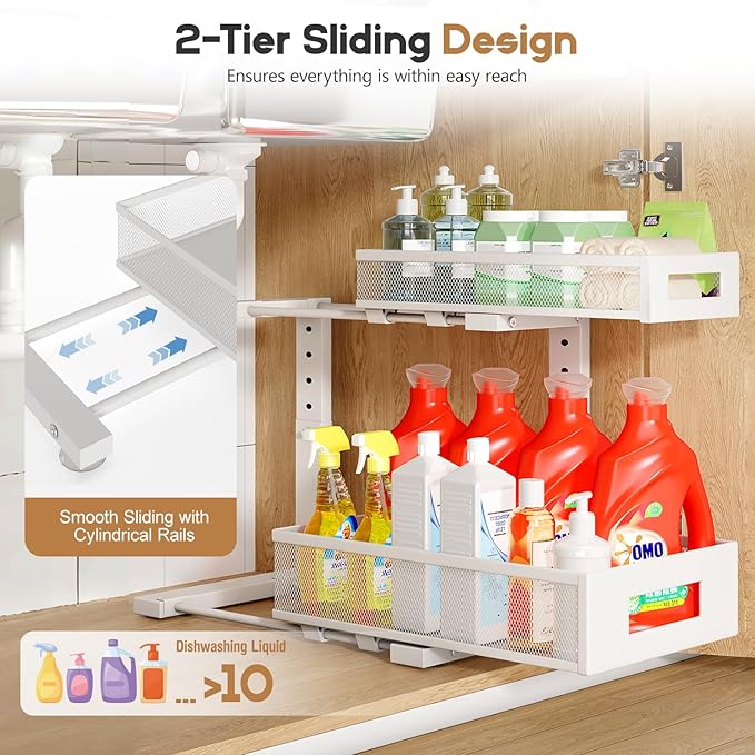 1 Pack-11.4"-16.14"H Under Sink Storage Organizer, Large 2-Tier Elegant Mesh Pull Out Shelf for Kitchen and Bathroom Cabinet Organization, L-Shaped and Adjustable Height Design for Maximum Space-White