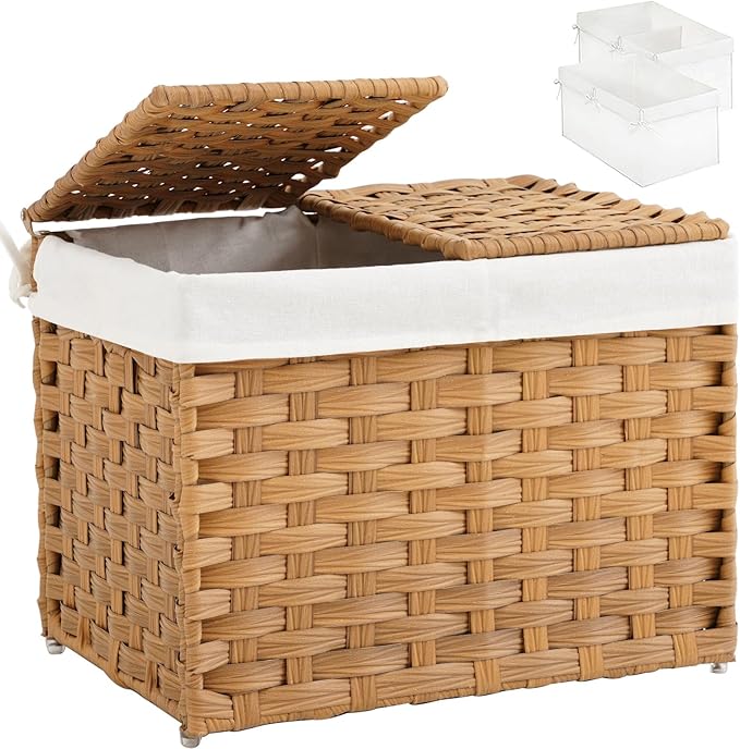 Storage Basket with Lid Woven Wicker Baskets with 2 Separate Lid, 9.2 Gallon (35 L) Wicker Storage Bins with Handles, Foldable and 2 Removable Liner Bags for Bedroom, Laundry Room Natural