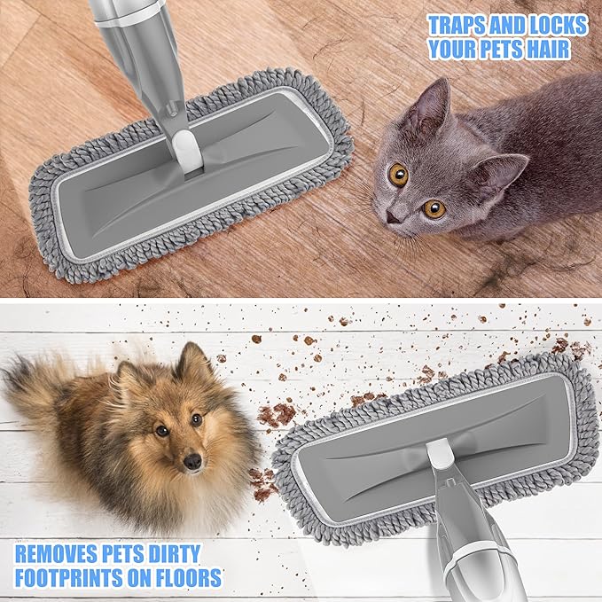 Microfiber Spray Mops for Floors Cleaning: EXEGO Dust Mop Wet Mop with 3 Washable Resuable Pads -440ML Refillable Bottle and 1 Scraper - Flat Floor Mop for Hardwood Laminate Ceramic Tiles Vinyl Woood