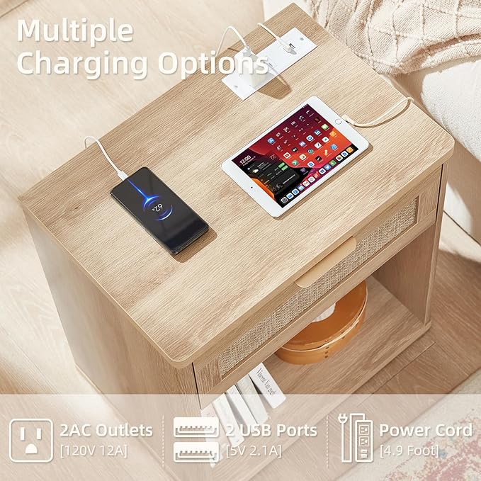 LEYAOYAO Rattan Nightstand with Charging Station, 23" Wide Boho Night Stand with Drawer, Natural Wood Bedside Table Open Storage Cabinet, Bed Side End Tables Dresser for Bedroom, Living Room, Hallway