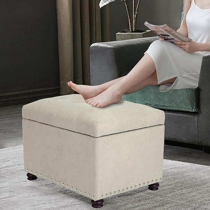 Joveco Storage Ottoman, 24" Fabric Rectangle Tufted Bench Foot Rest Stool for Living Room Bedroom, Beige